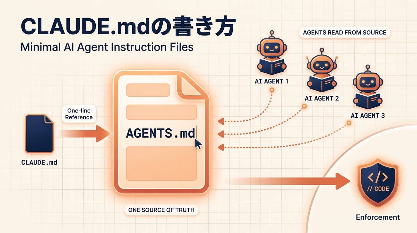 CLAUDE.mdの書き方|AGENTS.mdに1本化して「強制はコードに逃がす」